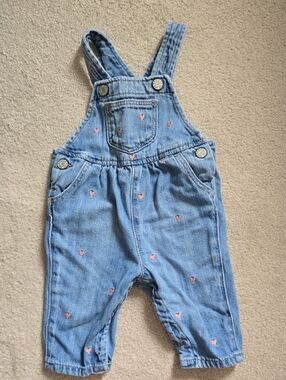GAP Denim Overalls with Pink Heart Embroidery, Size 3-6M